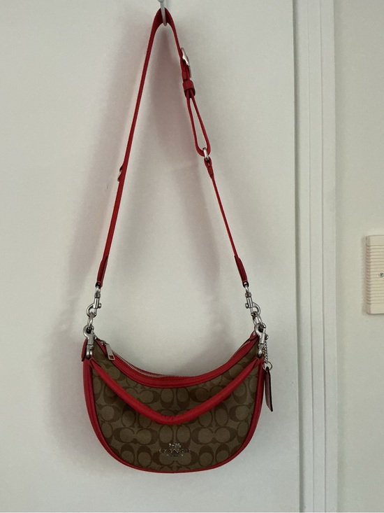 Coach Handbags - Coach Brown Signature Canvas Crescent Shoulder Bag with Red Trim